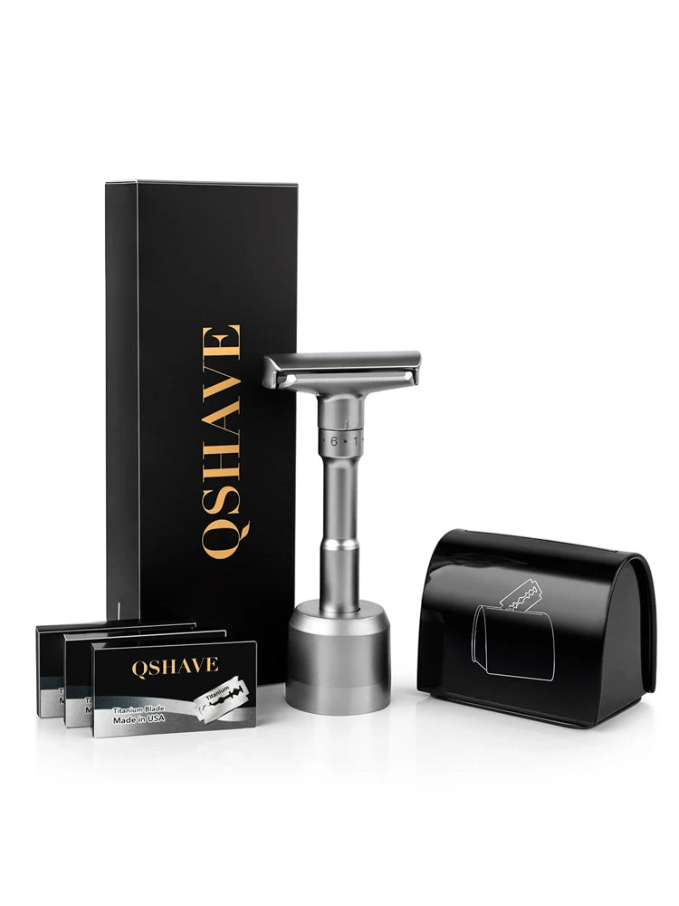 QSHAVE Adjustable Safety Razor kit Men's Shaving kit Holder + Razor + Blade Disposal Case +15 Blades set