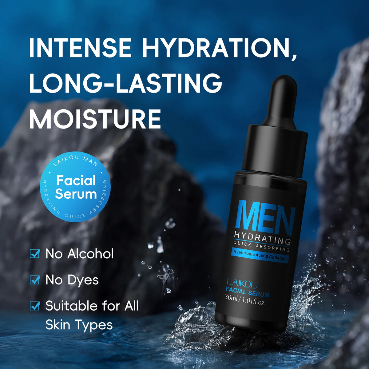 LAIKOU Men's Hydrating Firming Facial Serum 30ml, Quick Absorbing Soft Smooth Skin With Hyaluronic Acid Collagen & Niacinamide