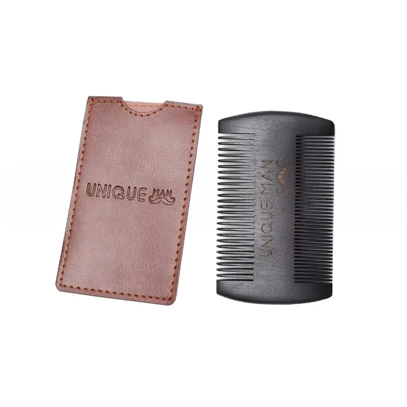 Natural Wood Hair Brush Beard Comb with PU Leather Case Anti-Static Mustache Pocket Comb Brushing Hair Care Tools for Men Gift