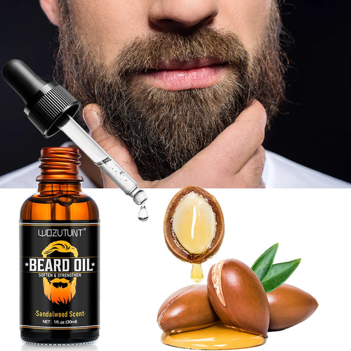100% Natural Sandalwood Scent 30ml Beard Oil and 30g Balm Soften Strengthen Moisturize Men Beard Grooming Care Product